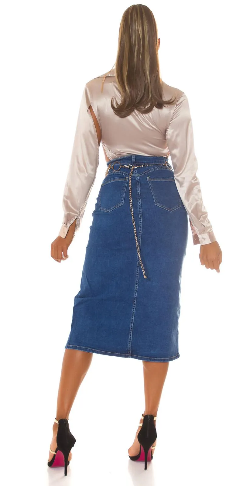 Falda midi vaquera azul de cintura alta