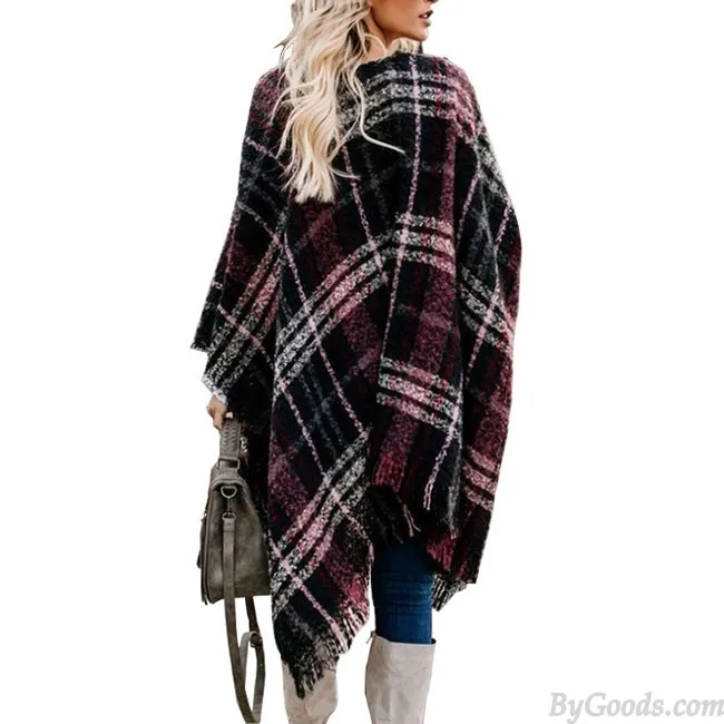 Fashion Contrast Color Lattice Tassel Open Shawl Knitting Coat Sweater