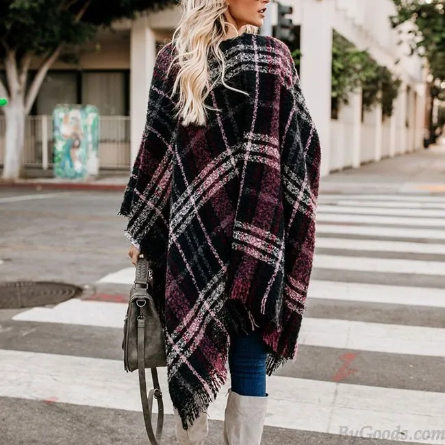 Fashion Contrast Color Lattice Tassel Open Shawl Knitting Coat Sweater