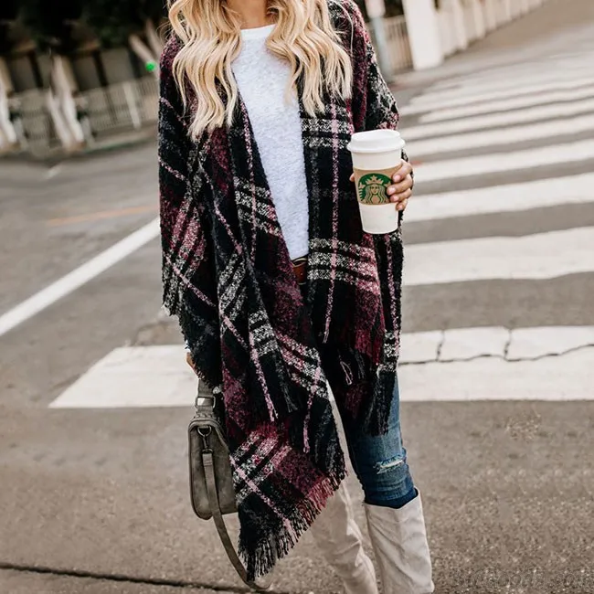 Fashion Contrast Color Lattice Tassel Open Shawl Knitting Coat Sweater