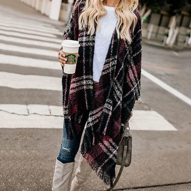 Fashion Contrast Color Lattice Tassel Open Shawl Knitting Coat Sweater