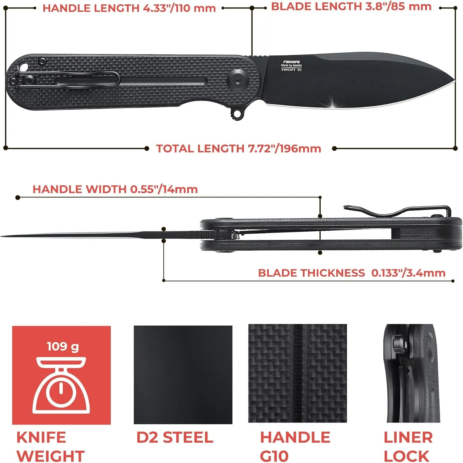 FIREBIRD GANZO FH922PTBK CUCHILLO PLEGABLE DE BOLSILLO HOJA DE ACERO NEGRO D2 85MM G10 MANGO ANTIDESLIZANTE CON CLIP CAMPING CA
