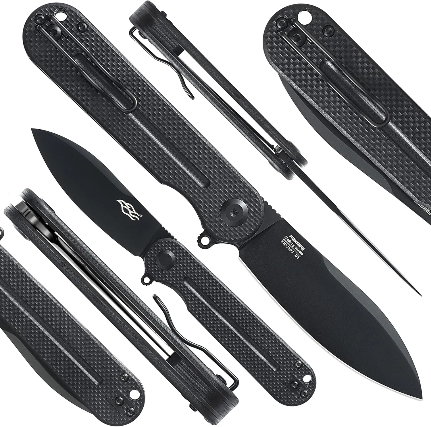 FIREBIRD GANZO FH922PTBK CUCHILLO PLEGABLE DE BOLSILLO HOJA DE ACERO NEGRO D2 85MM G10 MANGO ANTIDESLIZANTE CON CLIP CAMPING CA