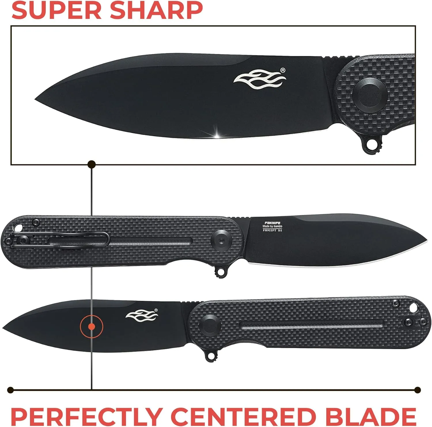 FIREBIRD GANZO FH922PTBK CUCHILLO PLEGABLE DE BOLSILLO HOJA DE ACERO NEGRO D2 85MM G10 MANGO ANTIDESLIZANTE CON CLIP CAMPING CA