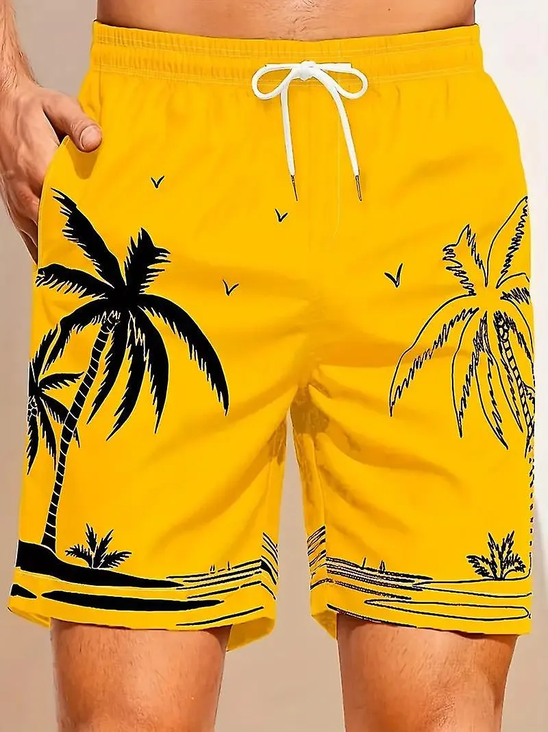 Forro de malla de secado rápido Cómodo patrón de palmera transpirable Traje de baño con cordón con 2 bolsillos, pantalones de ba