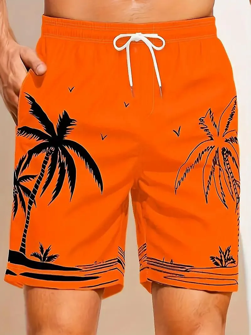 Forro de malla de secado rápido Cómodo patrón de palmera transpirable Traje de baño con cordón con 2 bolsillos, pantalones de ba