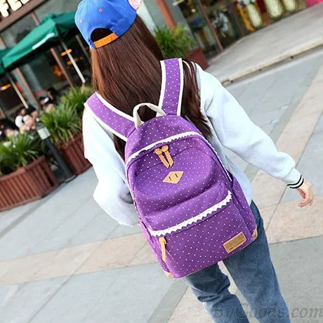 Fresh Wave Point Lace Large Capacity Dot Travel School Canvas Backpack