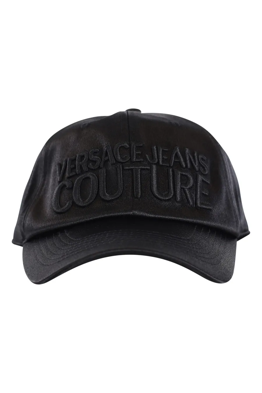 Gorra negra de satín con logo negro bordado