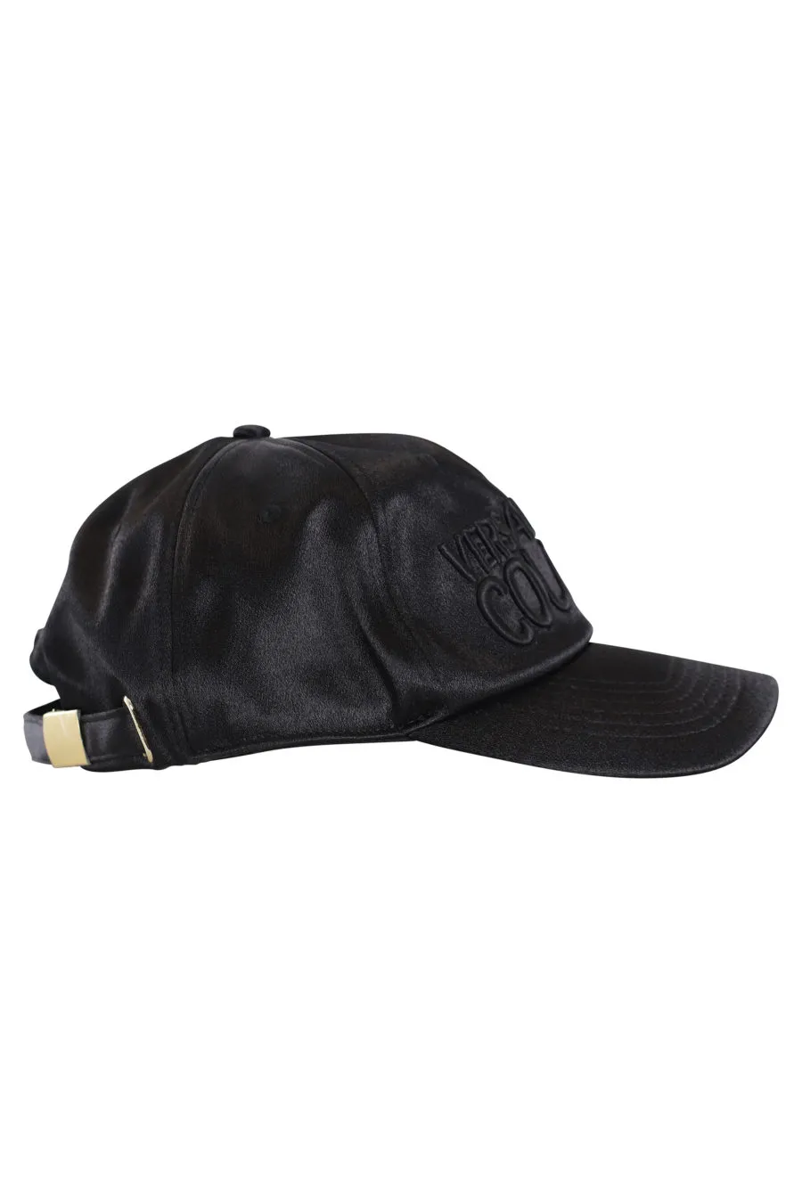 Gorra negra de satín con logo negro bordado