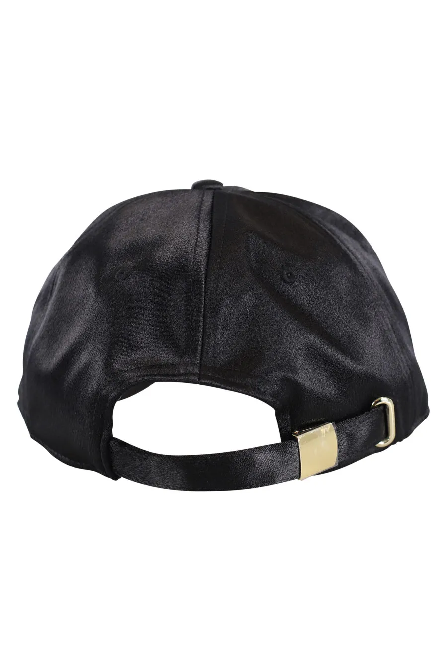 Gorra negra de satín con logo negro bordado