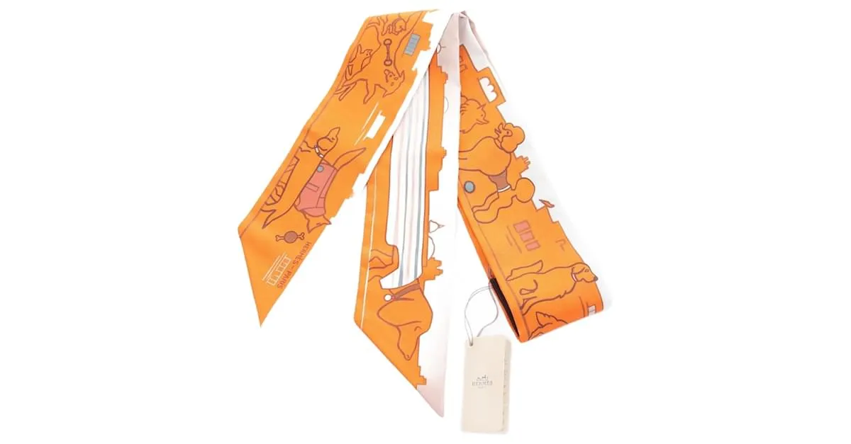 Hermès Twilly LES CHIENS PARISIENS Bufanda de Cinta Multicolor Naranja 