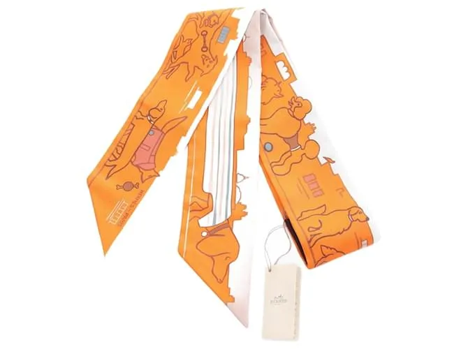 Hermès Twilly LES CHIENS PARISIENS Bufanda de Cinta Multicolor Naranja 