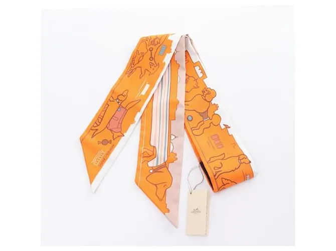 Hermès Twilly LES CHIENS PARISIENS Bufanda de Cinta Multicolor Naranja 