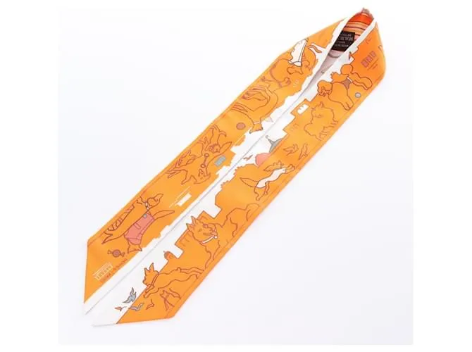 Hermès Twilly LES CHIENS PARISIENS Bufanda de Cinta Multicolor Naranja 