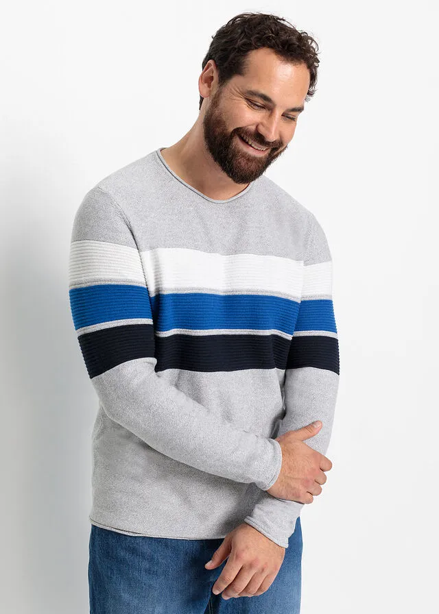 Jersey con algodón reciclado Gris jaspeado con rayas horizontales
