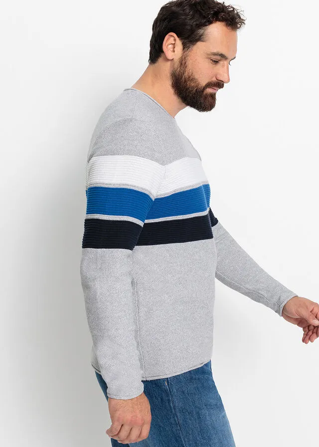 Jersey con algodón reciclado Gris jaspeado con rayas horizontales