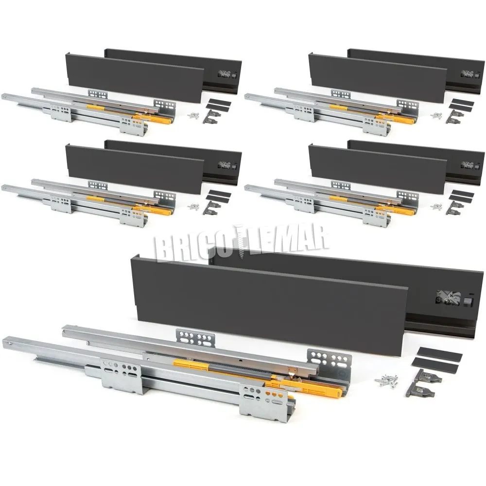 Lote de 5 kits para cajones de cocina Concept altura 138mm profundidad 500mm cierre suave acero gris antracita Emuca