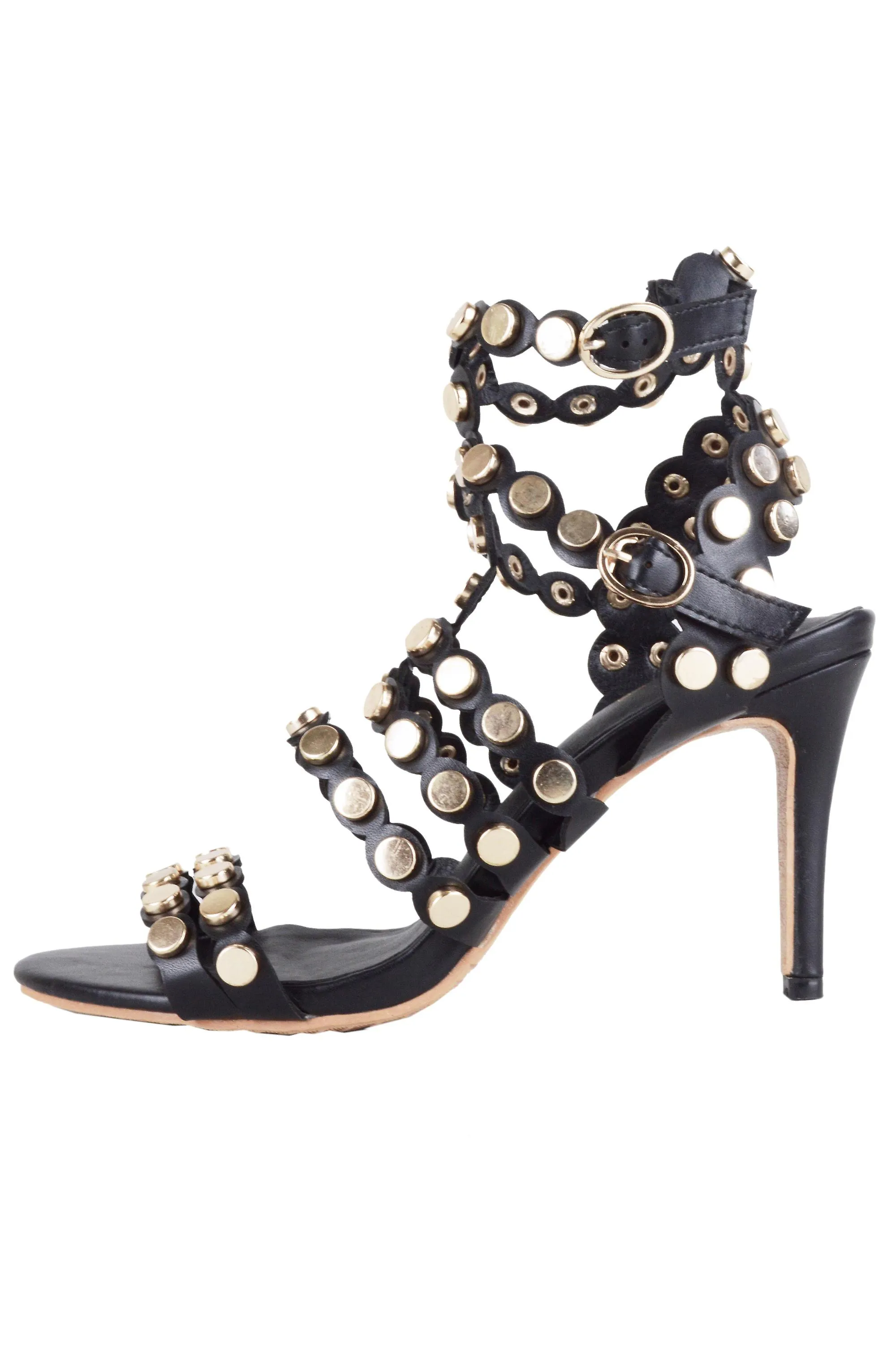 Lovemystyle negro tacón sandalias con todo oro Studs