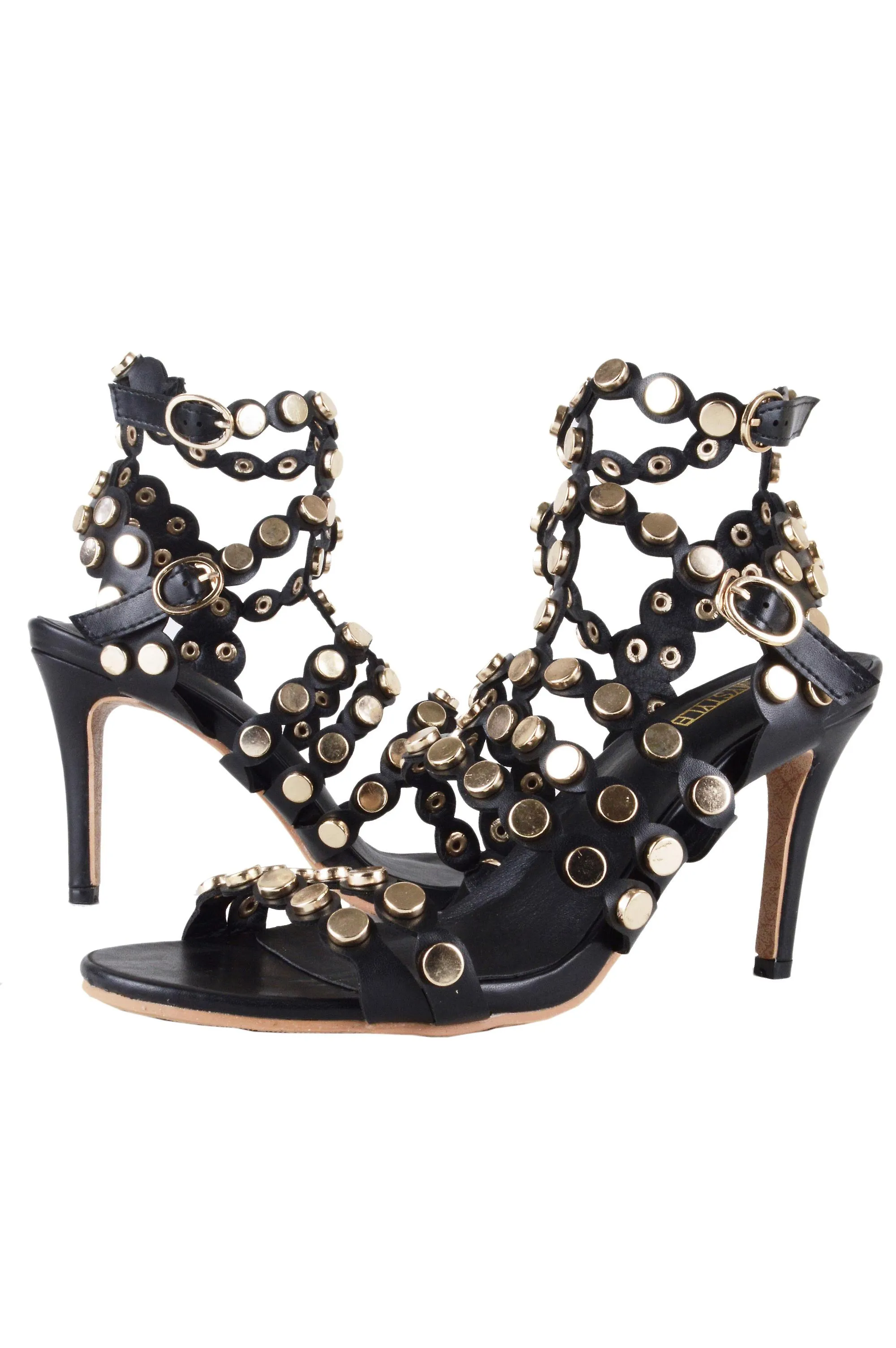 Lovemystyle negro tacón sandalias con todo oro Studs