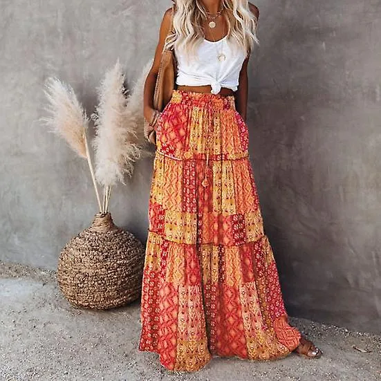 MAXI FALDA BOHOCHIC PARA MUJER CINTURA ALTA PATCHWORK DE LíNEA A PLISADA ESTAMPADO éTNICO VINTAGE PERFECTO PARA LAS VACACIONES 