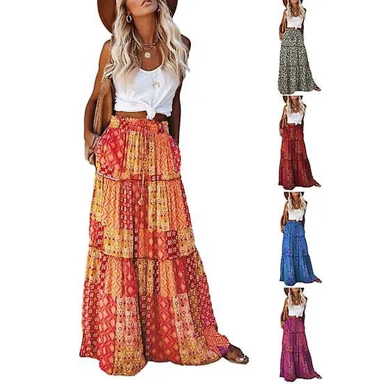 MAXI FALDA BOHOCHIC PARA MUJER CINTURA ALTA PATCHWORK DE LíNEA A PLISADA ESTAMPADO éTNICO VINTAGE PERFECTO PARA LAS VACACIONES 