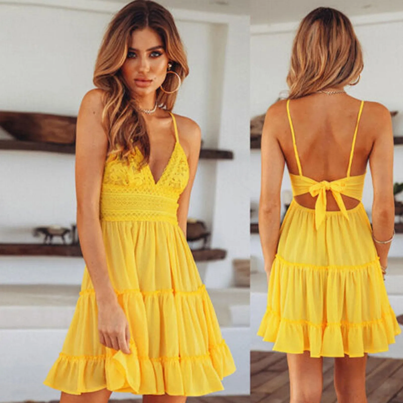 Mujer Boho V Cuello Mini Vestido Correa Vacaciones Verano Playa Ruffle Sundress