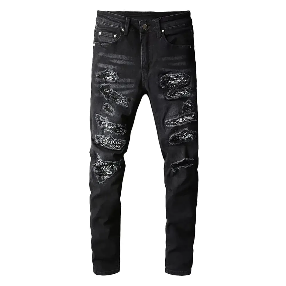 Pantalon vaquero negro rasgado con detalles de cachemira