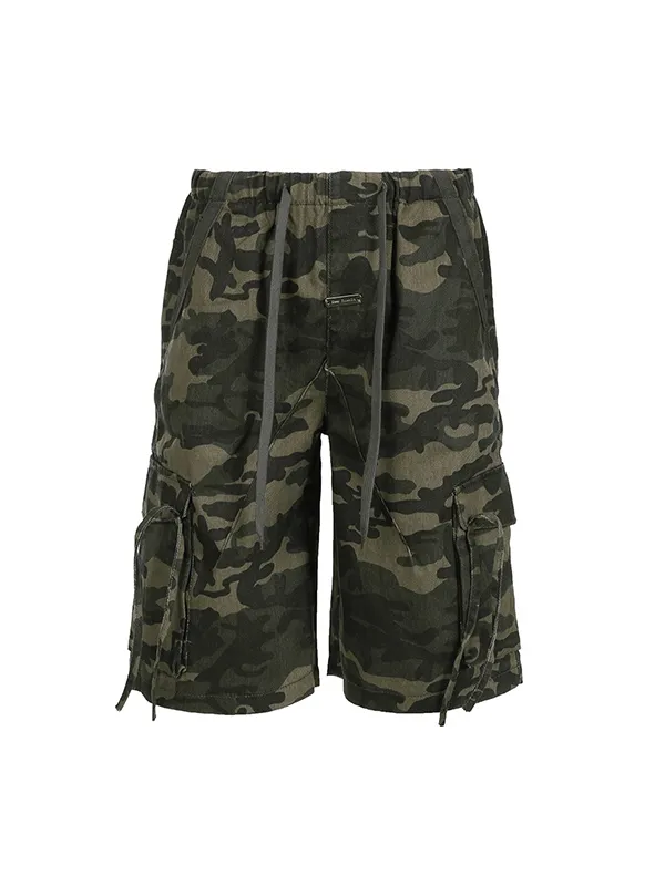 Pantalones cortos de mezclilla de camuflaje con bolsillo tridimensional retro americano