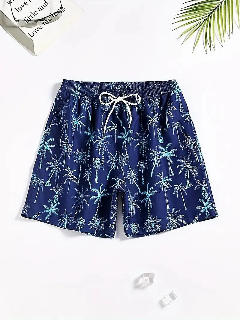 Pantalones cortos de tabla hawaiana de secado rápido para hombres con bolsillos, bañadores gráficos de cocotero casual con cordó