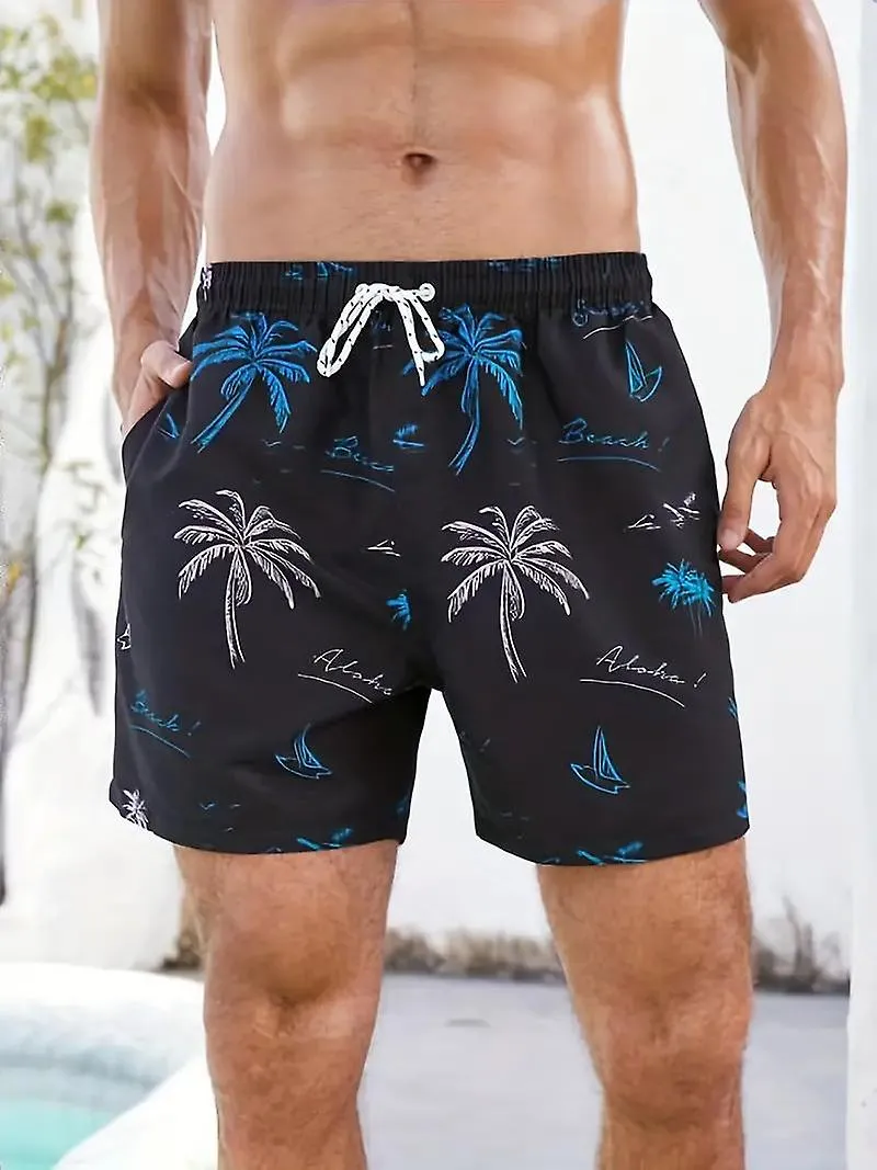 Pantalones cortos de tabla hawaiana de secado rápido para hombres con bolsillos, bañadores gráficos de cocotero casual con cordó
