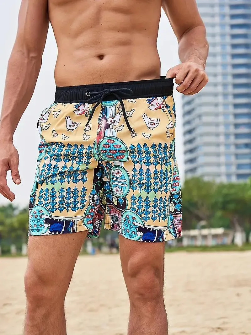 Pantalones cortos de tabla seca rápida para hombres con bolsillos, gráfico de dibujos animados atlético Traje de baño con cordón