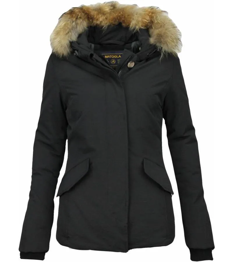 PARKAS MUJER  MUJERES ABRIGOS DE INVIERNO  CAPUCHA PELO GRANDE  SHORT WOOLY  NEGRO