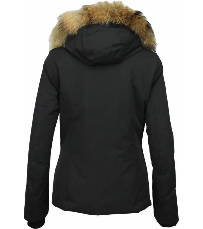 PARKAS MUJER  MUJERES ABRIGOS DE INVIERNO  CAPUCHA PELO GRANDE  SHORT WOOLY  NEGRO