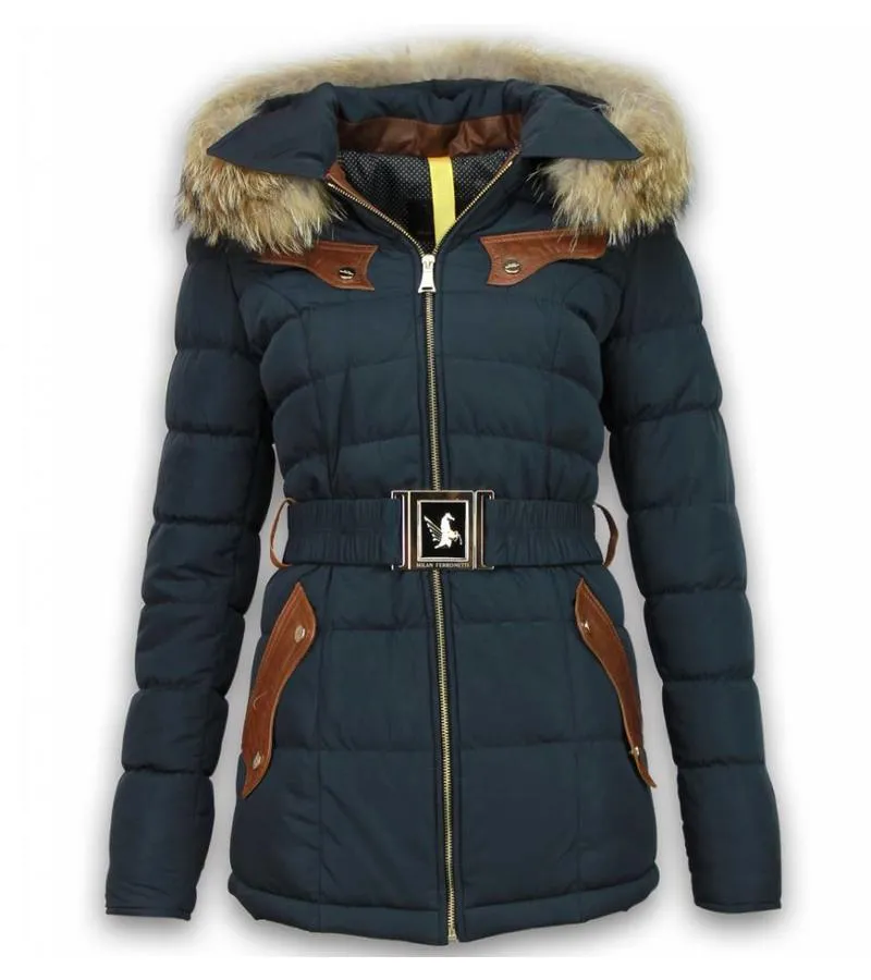 PARKAS MUJER  SEñORA ABRIGOS DE INVIERNO LARGO BOLSILLOS PIEZA DE CUERO  CON CINTURóN  AZUL