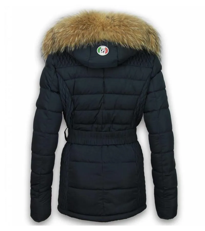 PARKAS MUJER  SEñORA ABRIGOS DE INVIERNO LARGO BOLSILLOS PIEZA DE CUERO  CON CINTURóN  AZUL