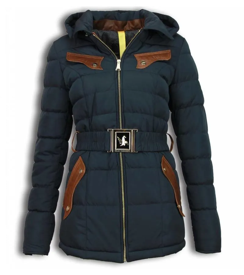 PARKAS MUJER  SEñORA ABRIGOS DE INVIERNO LARGO BOLSILLOS PIEZA DE CUERO  CON CINTURóN  AZUL