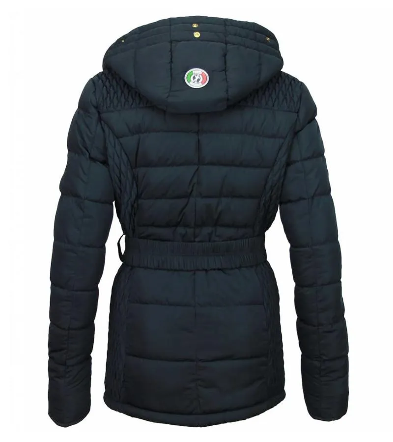 PARKAS MUJER  SEñORA ABRIGOS DE INVIERNO LARGO BOLSILLOS PIEZA DE CUERO  CON CINTURóN  AZUL