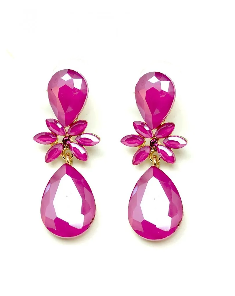PENDIENTES LARGOS FUCSIA DE CRISTAL PARA MUJER