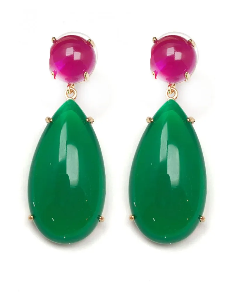 PENDIENTES LARGOS FUCSIAS Y VERDES PARA CEREMONIAS Y EVENTOS