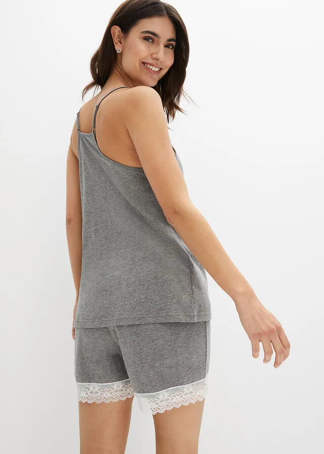 PIJAMA CORTO CON TIRANTES FINOS GRIS JASPEADOBLANCO