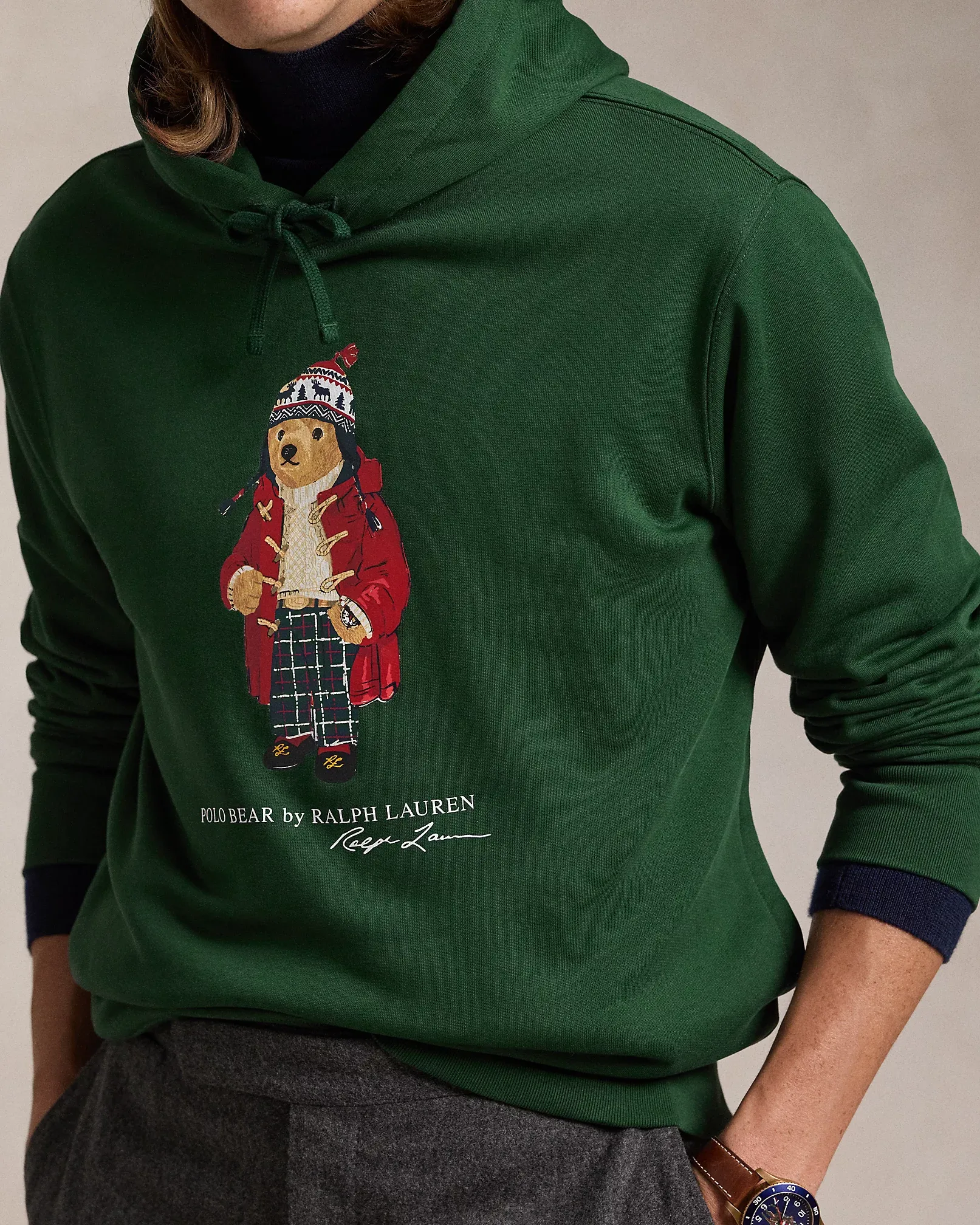 POLO RALPH LAUREN NEVIS HOLIDAY BEAR FLEECE POPOVER HOODIE VINTAGE PINE