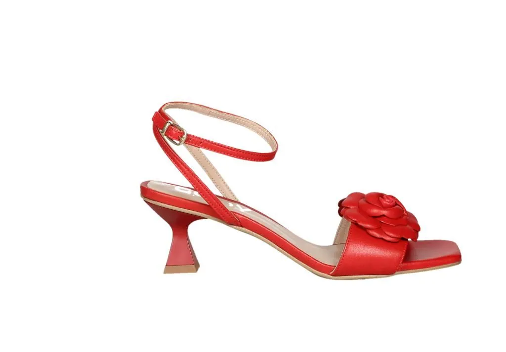 Sandalia Piel Rojo Tira Pala Flor Pulsera