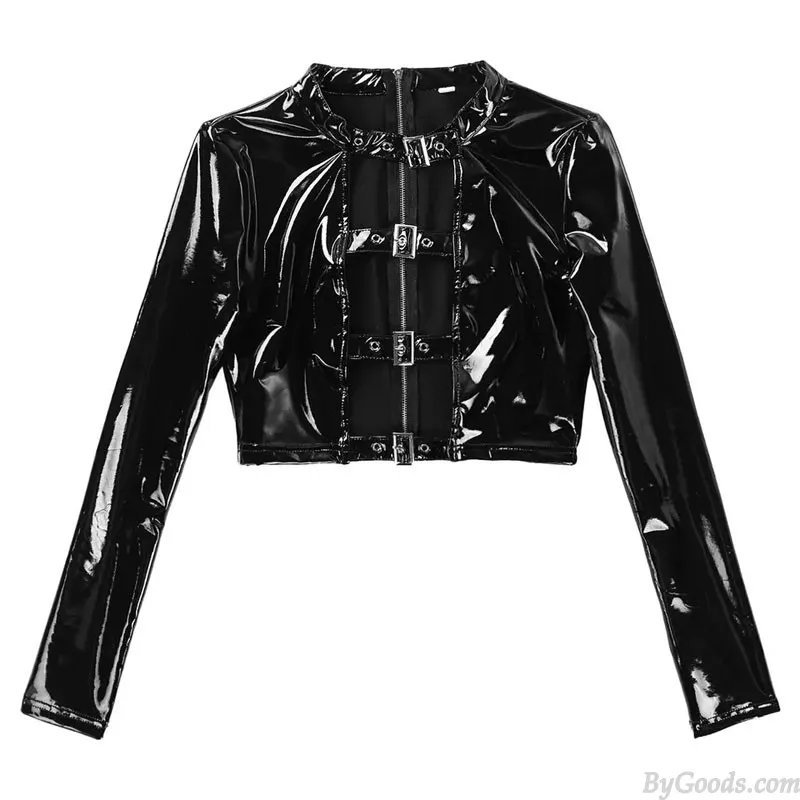 Sexy Patent Leather Criss Cross Long Sleeve Tops Shorts 2 Piece Set Bar Costume Women's Lingerie