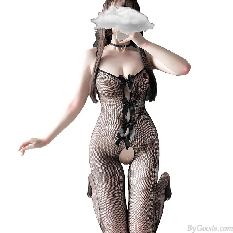 Sexy Teddy Crotchless Bodysuit Tights Soft Nightwear Women's Lingerie Front Bowknot Fishnet Mesh Bodystocking 