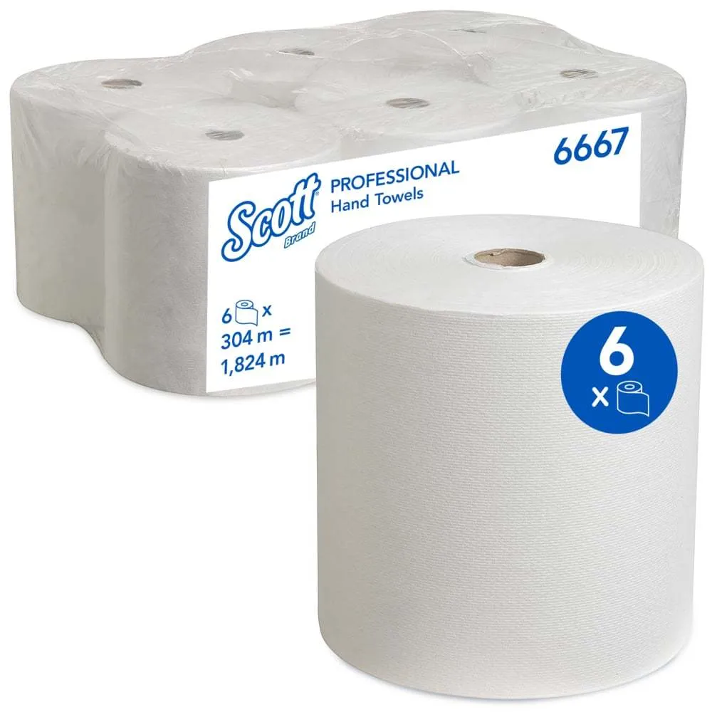 TOALLITAS EN ROLLO KIMBERLYCLARK SCOTT®, 6667, BLANCAS, 1 CAPA, 6 ROLLOS 304 M CADA UNO