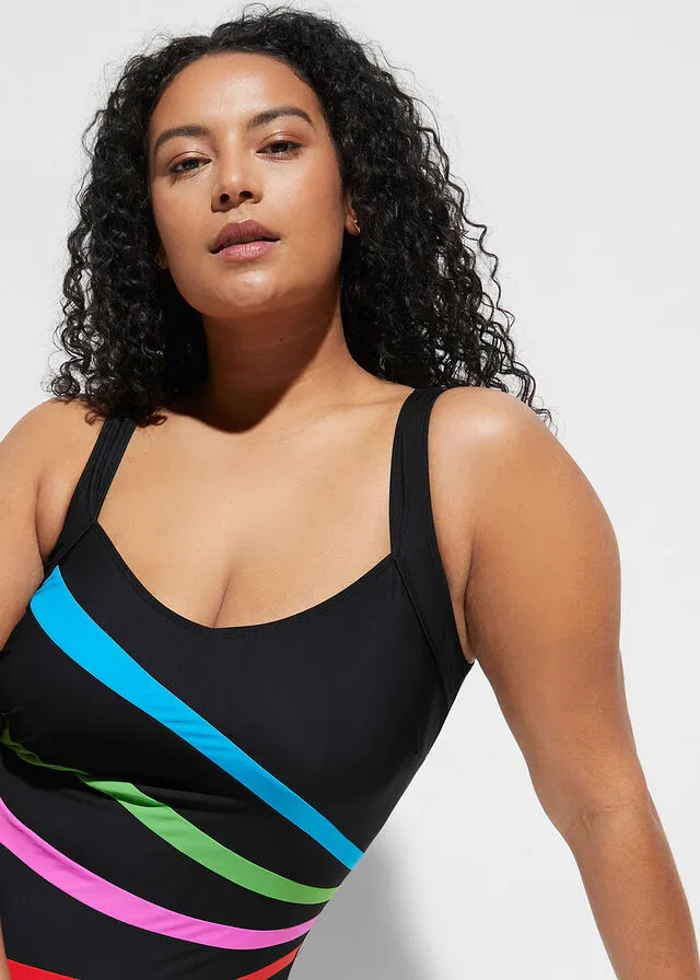 Traje de baño con gran efecto moldeador negro azul verde rosa caliente rojo rayas horizontales