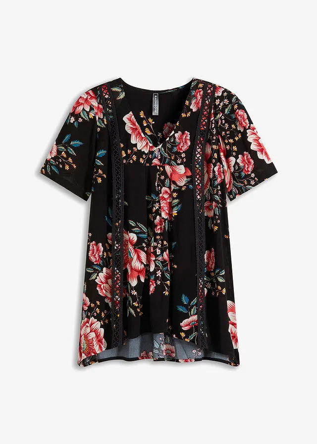 Túnica con diseño crepé Negro de flores