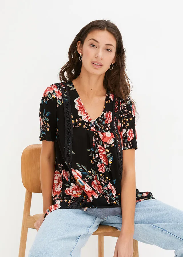 Túnica con diseño crepé Negro de flores