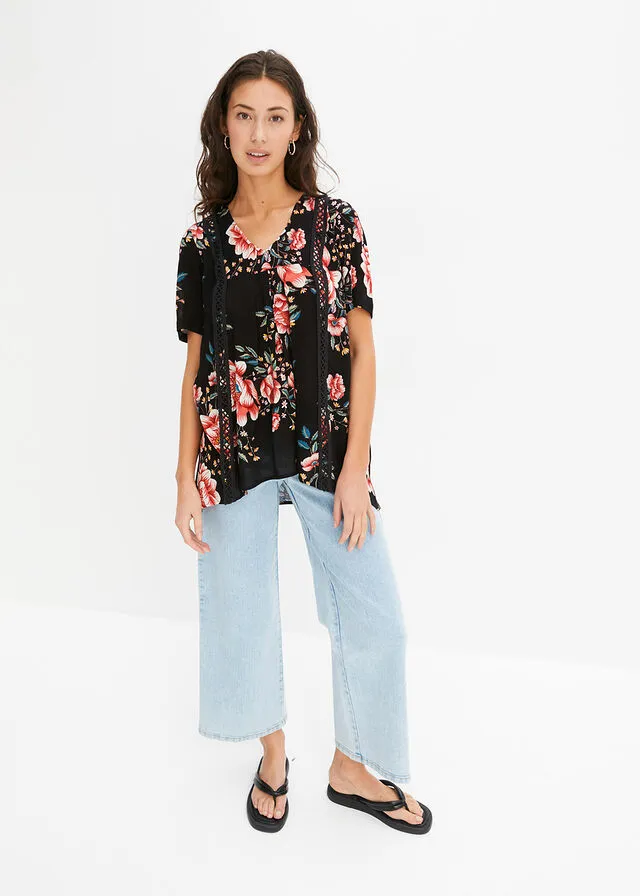 Túnica con diseño crepé Negro de flores