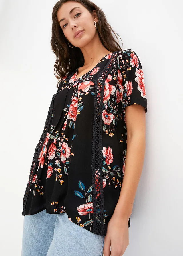 Túnica con diseño crepé Negro de flores